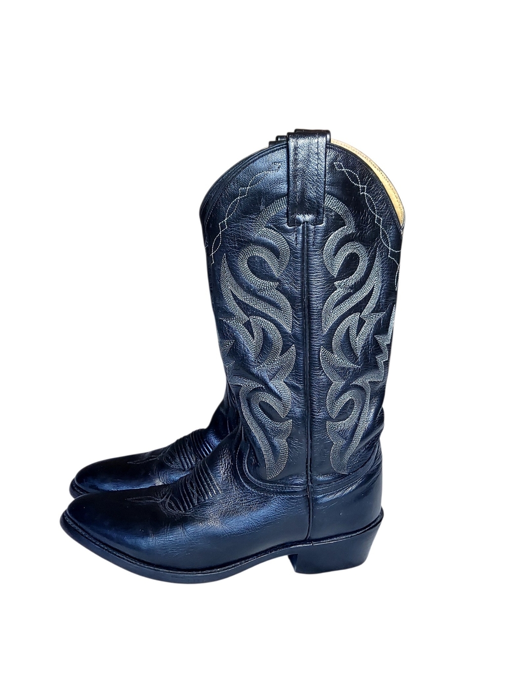 Dan Post Vintage Milwaukee Black Leather Cowboy Boots with Gray Embroidery Men 7